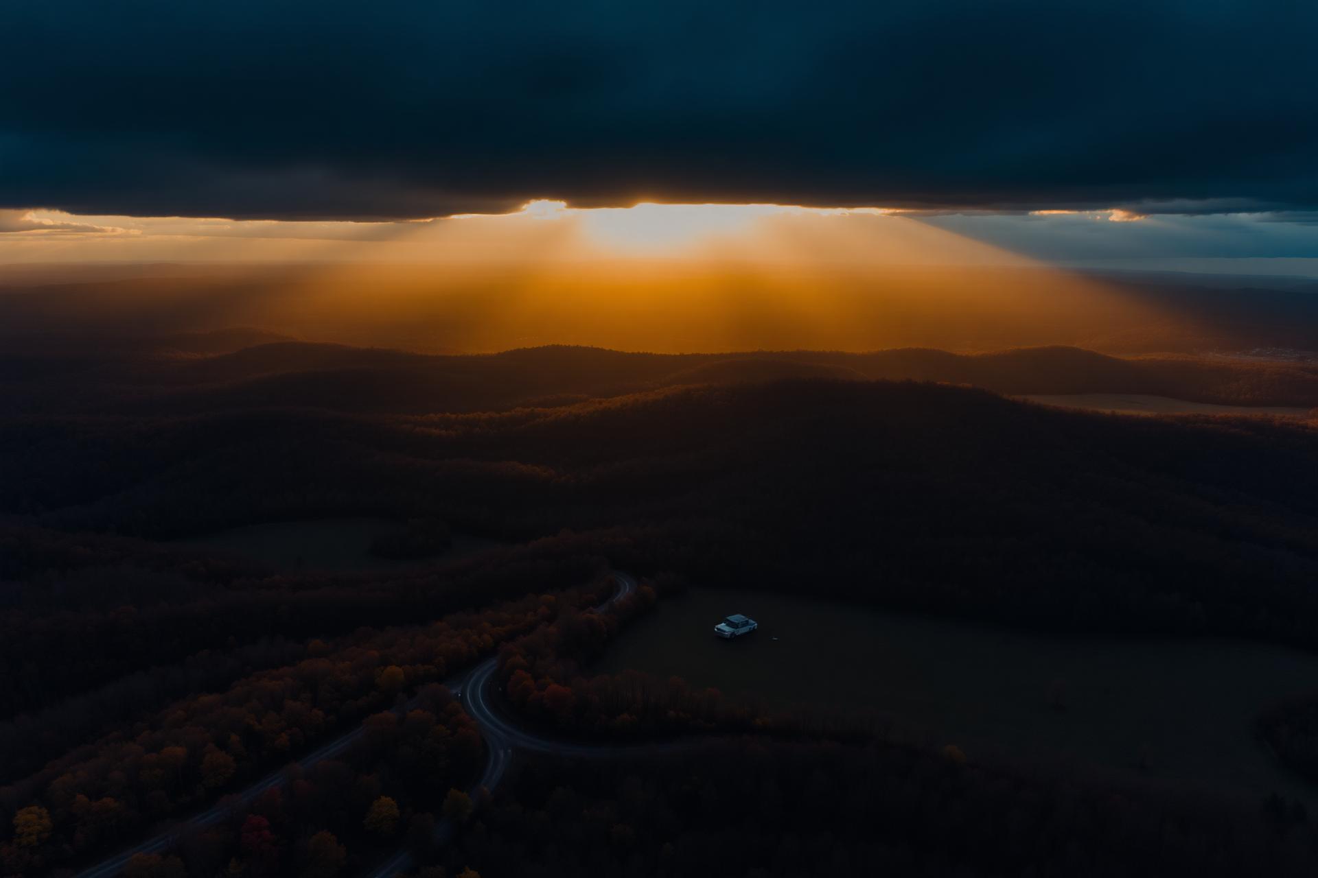 Aerial view of Northwest Arkansas land at golden hour